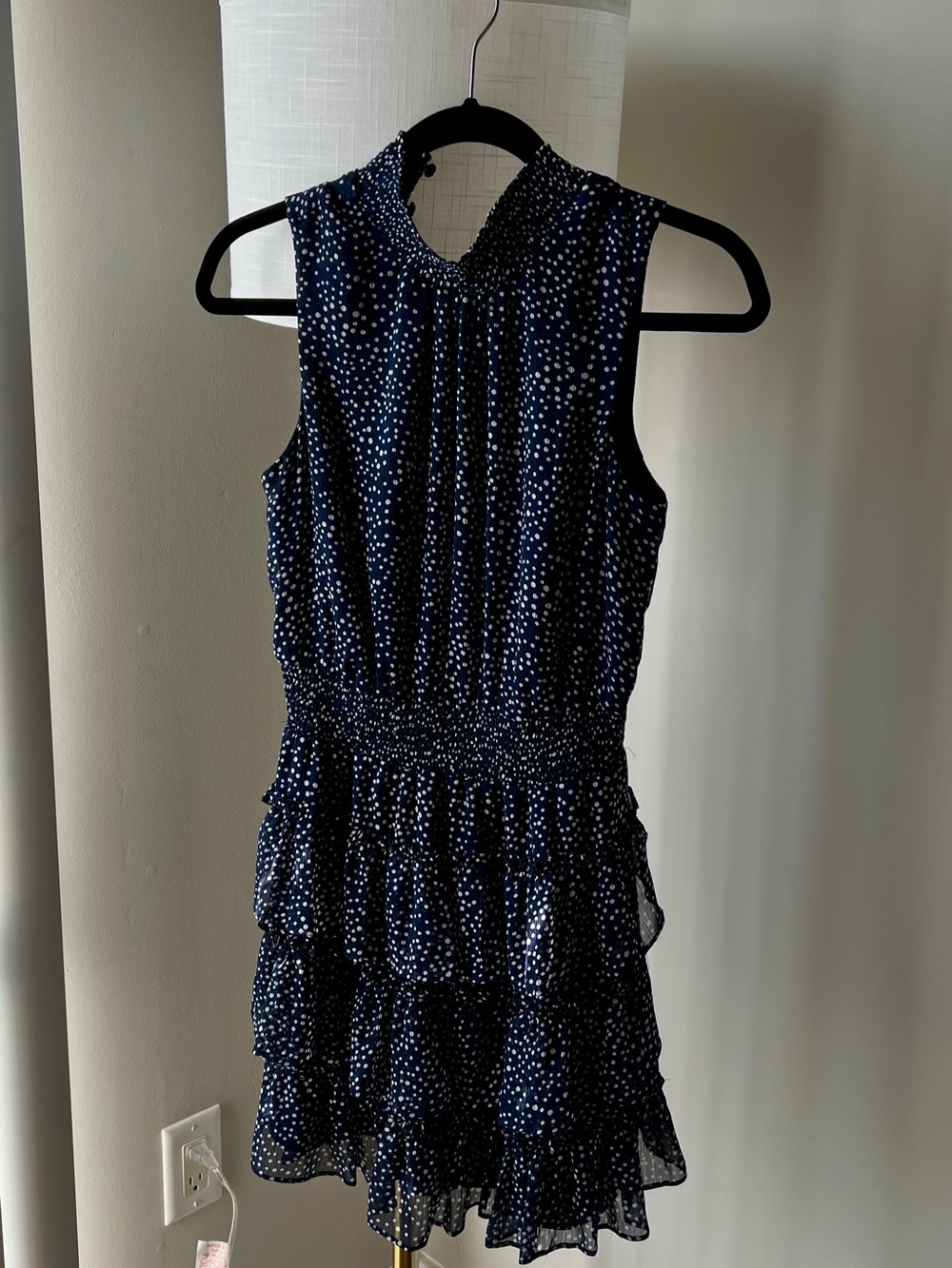 Express Navy and White Polka Dot Smocked Tiered Dress